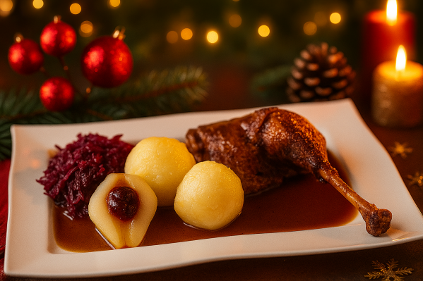 Gans mit Rotkraut und Klößen.